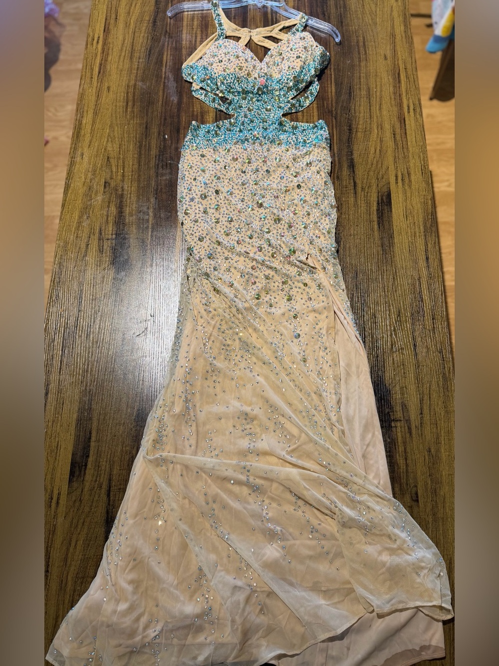Beaded Nude Evening Gown with Turquoise Accents